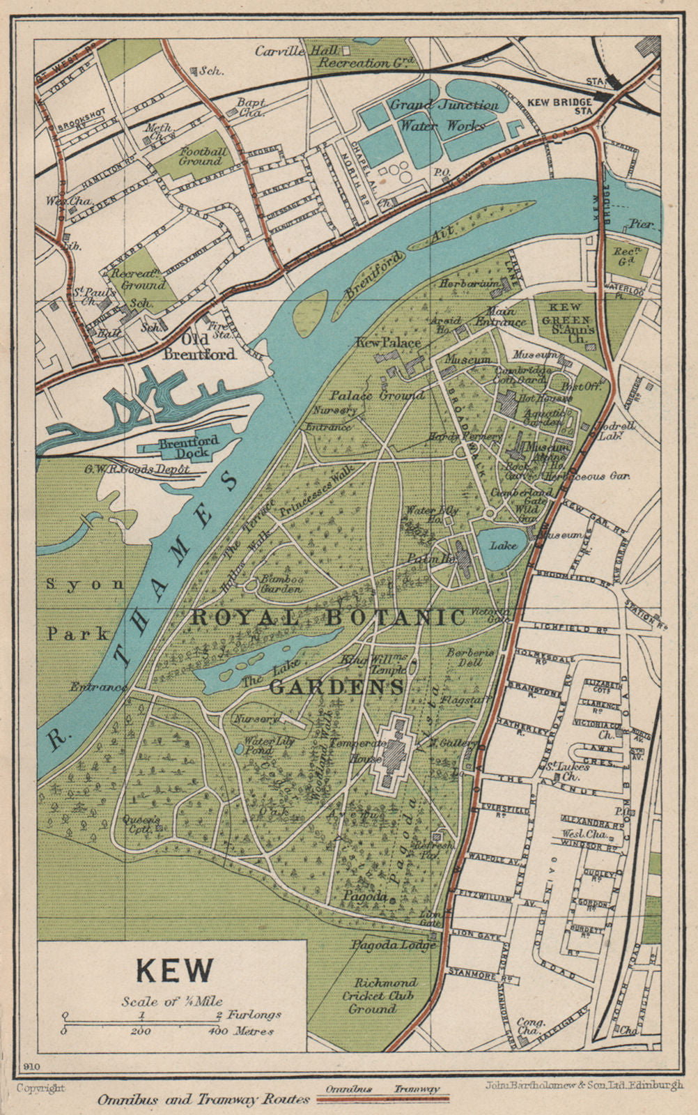 KEW. Vintage town city map plan. Royal Botanic Gardens. Bus routes. London 1935